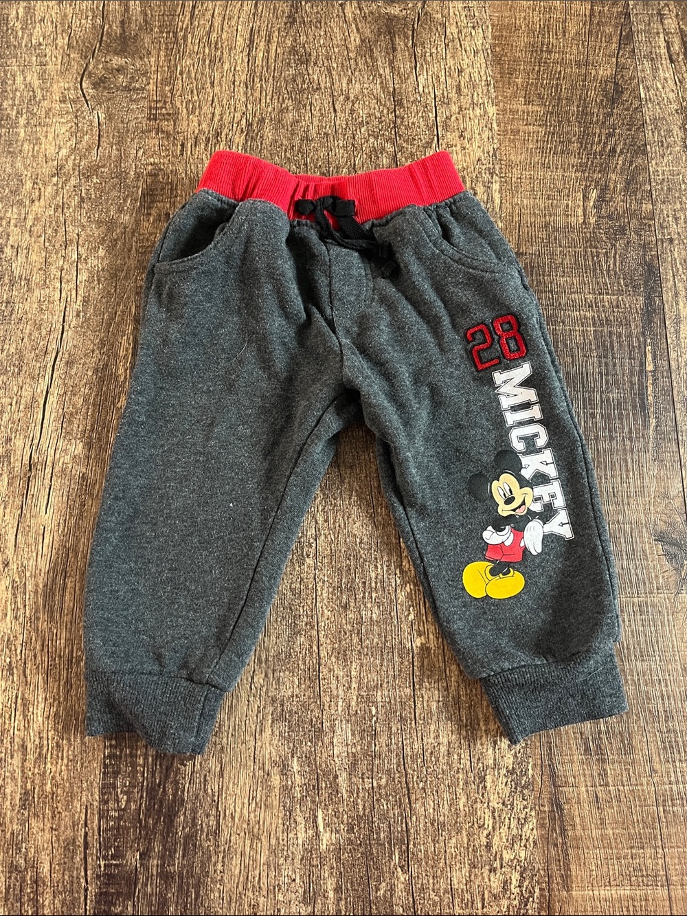 Disney Charcoal Sweatpants with Red Waistband and Mickey Graphic